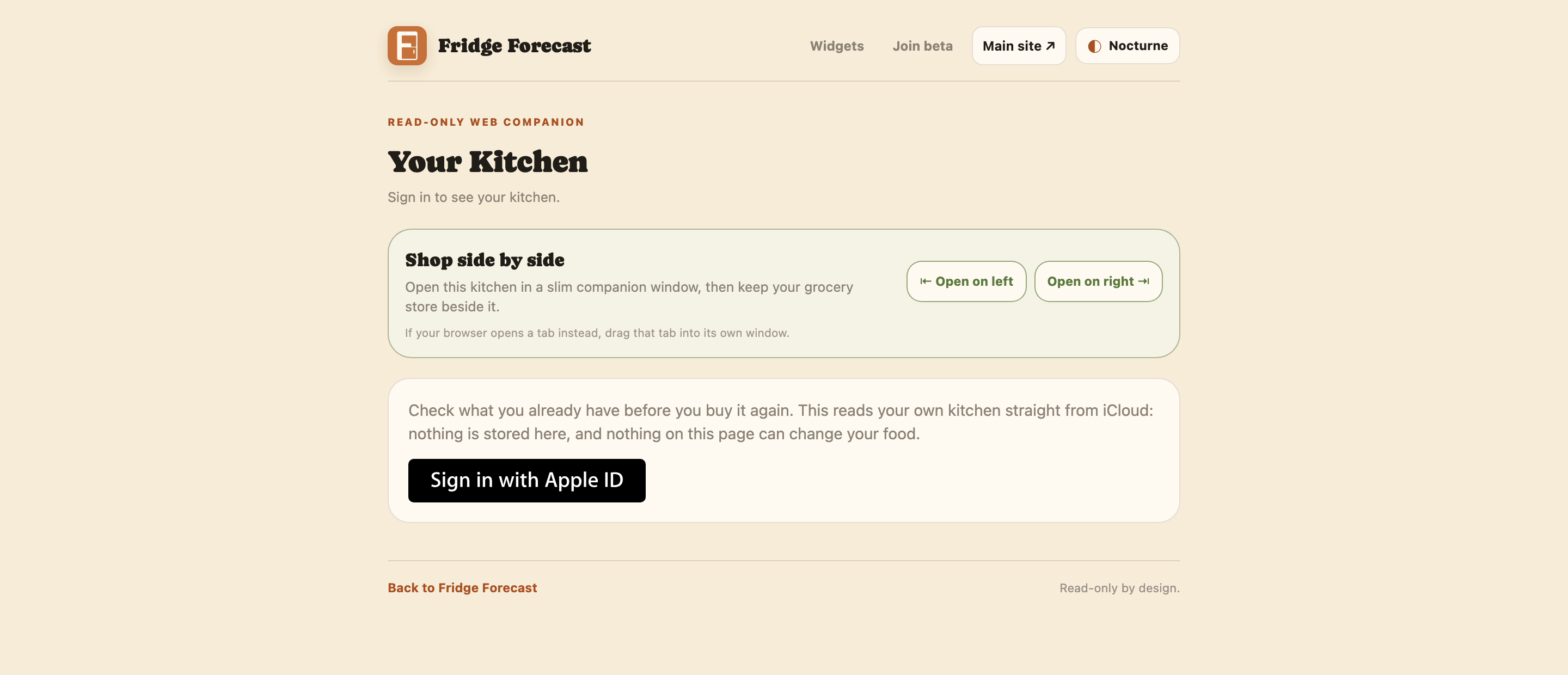 The Organic Kitchen web companion with Apple sign-in and side-by-side shopping controls