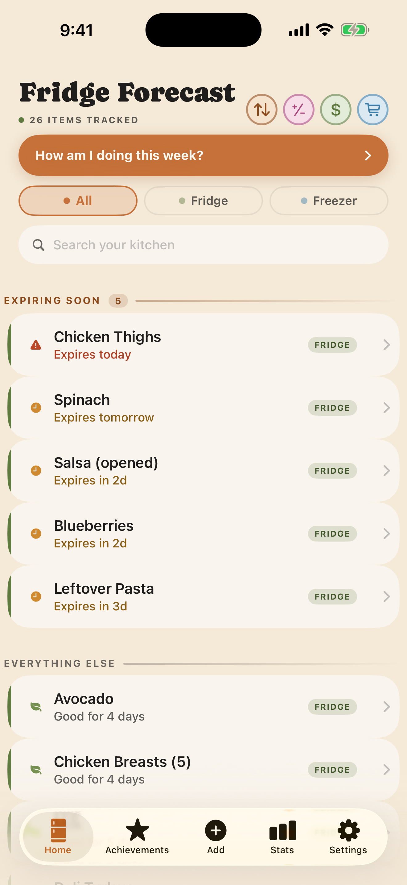 Current Fridge Forecast Home screen in the Organic Day theme