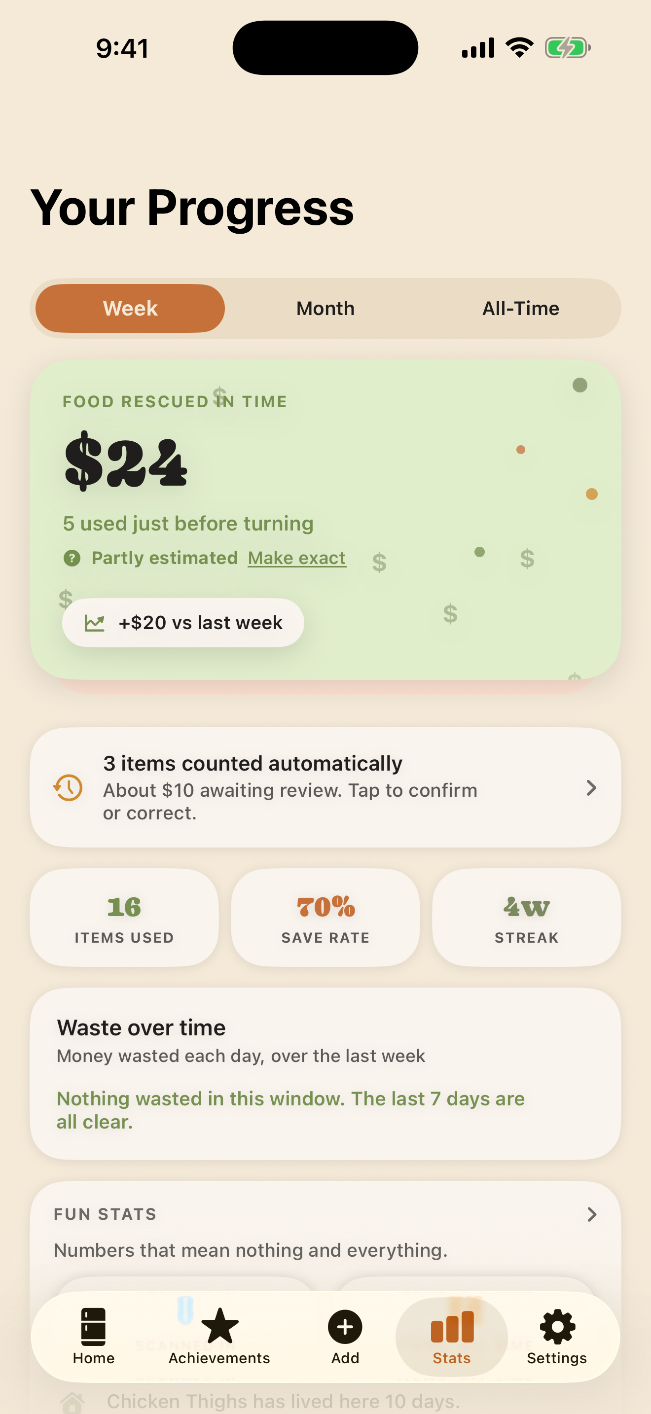 Current Progress screen showing the food rescued this week