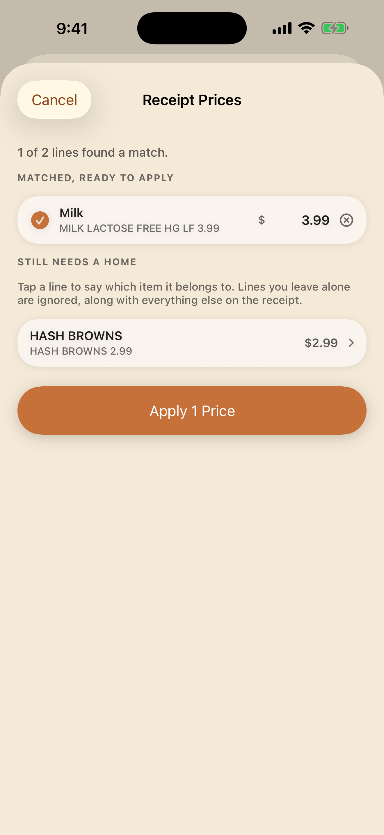 Current receipt review screen matching grocery prices to food items